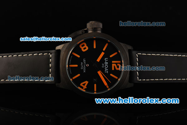 U-Boat Italo Fontana Left Hook Automatic Movement PVD Case with Black Dial and Orange Markers - Black Leather Strap - Click Image to Close